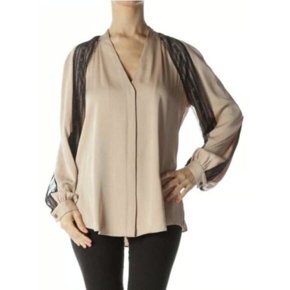 Kobi Halperin Nori Silk Blouse Taupe Black Lace Trim Size Medium - Picture 1 of 12